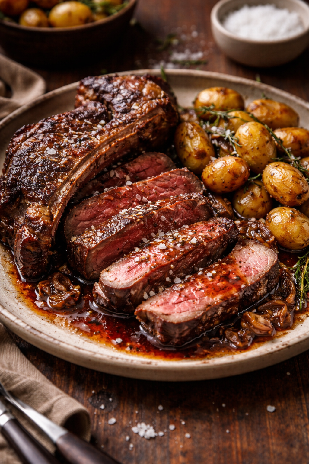 Côte de bœuf, jus court au beurre noisette, pommes grenailles & fleur de sel sauvage