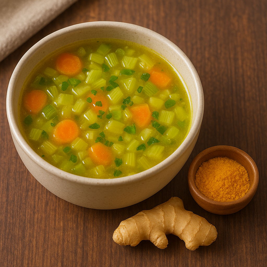 Bouillon de légumes au gingembre et au curcuma
