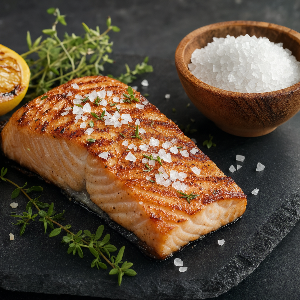 Pyramid salt in a bowl and on a grilled salmon fillet