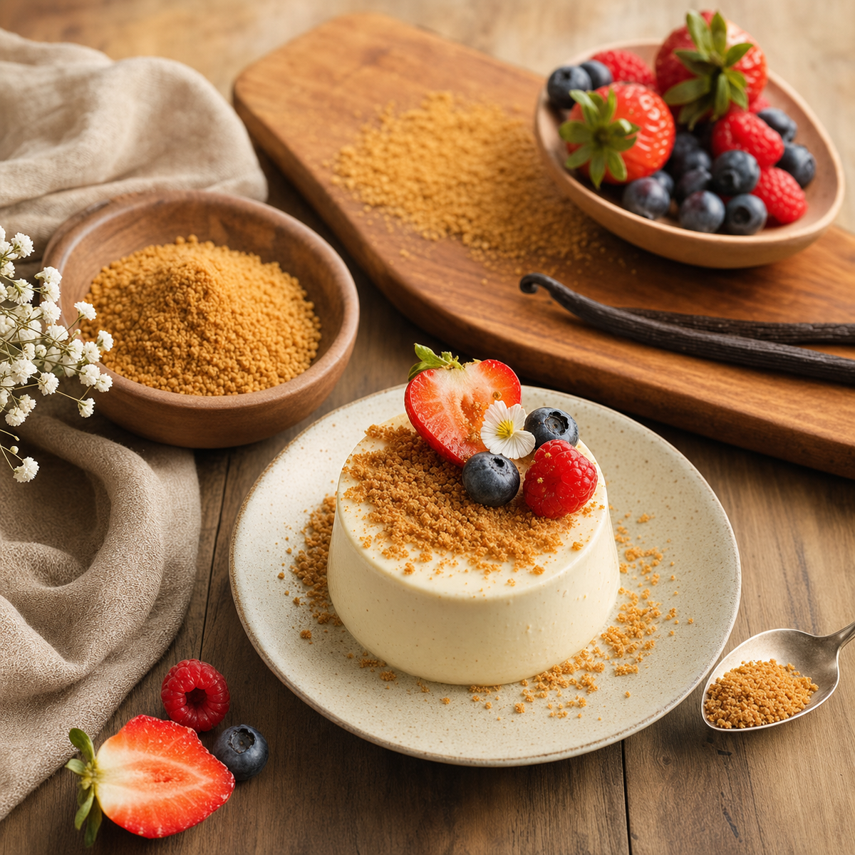 Kokosblütenzucker in einer Schale, mit einem Dessert und Beeren