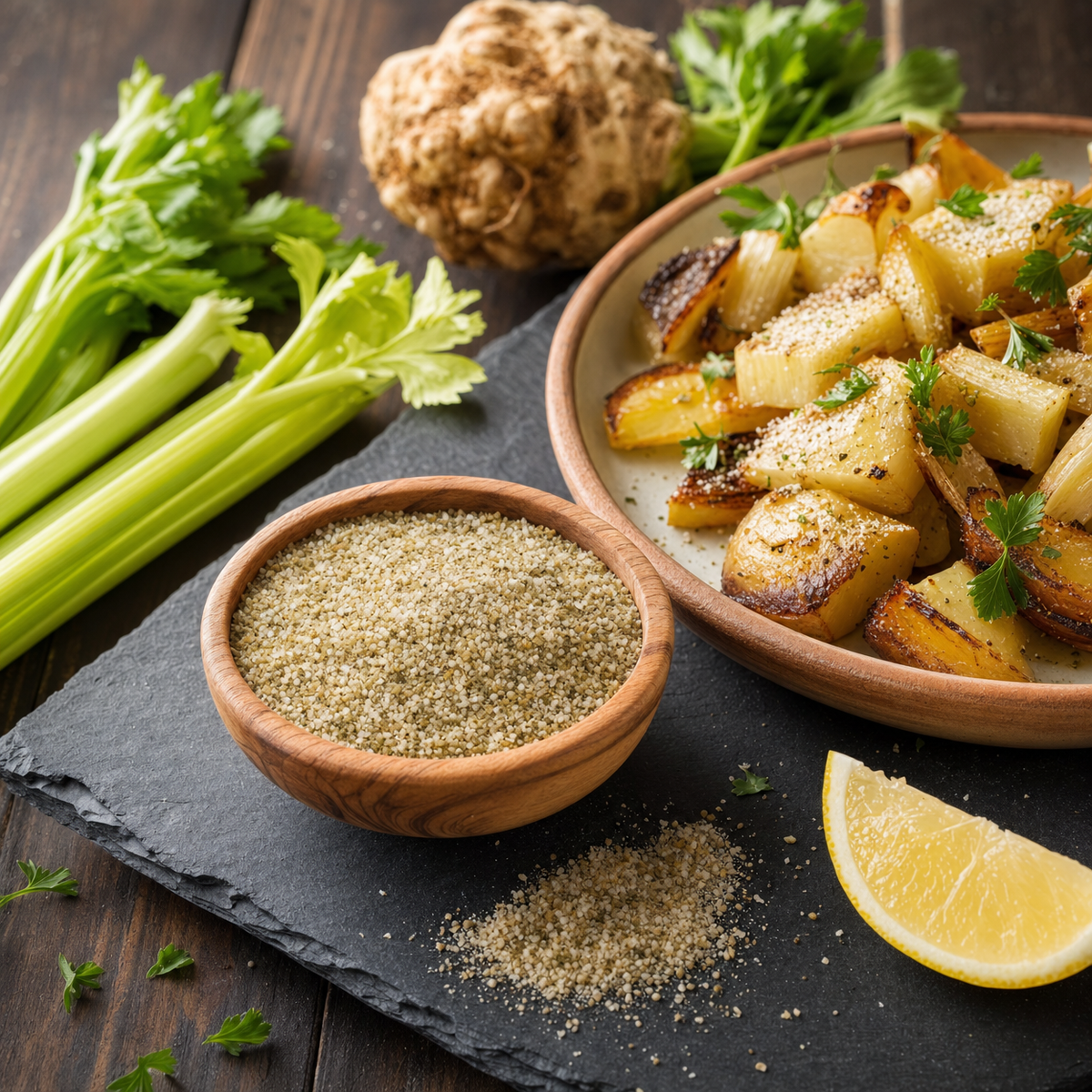 Sal de apio en un cuenco, con apio y patatas asadas